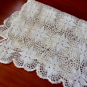 Vintage Lace Runner Crochet Hand Linen Cotton Off White Dresser Scarf Star Pattern 50 inches image 8