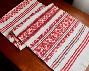 Vintage Linen Table Runner Very Long White Red Black Dresser Scarf Woven Ethnic Scandinavian