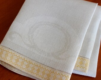 Chemin de serviette en lin damassé vintage, bande en or jaune, fleur de lys, plat de cuisine pour invité, thé inutilisé Allemagne