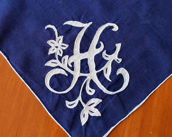 Vintage Hankie Handkerchief Linen Wedding Navy Blue White Monogram H Hand Appliqué