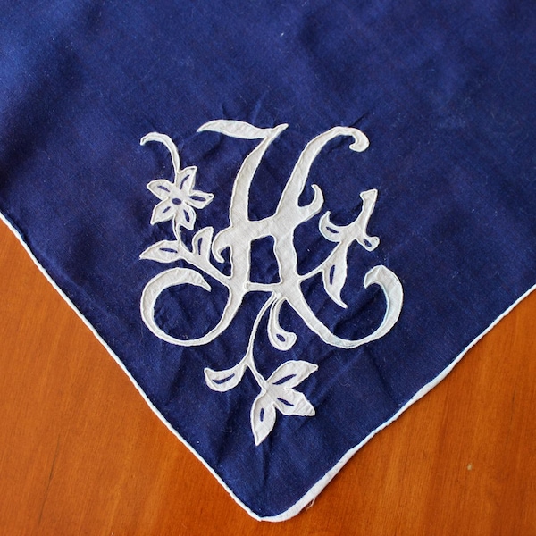 Vintage Hankie Handkerchief Linen Wedding Navy Blue White Monogram H Hand Appliqué