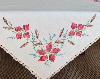 Nappe en lin vintage brodée de fleurs au point de croix rouge vert blanc à la main garniture au crochet couleurs de Noël poinsettia petite décoration de 30 pouces