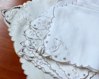 Vintage Linen Placemats Napkins Runner 16 Pieces Table Hand Embroidery Natural Appliqué Cutwork White Taupe