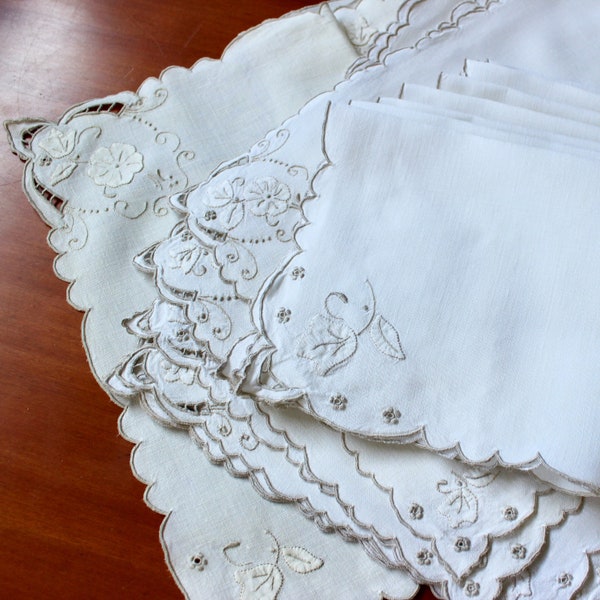 Vintage Linen Placemats Napkins Runner 16 Pieces Table Hand Embroidery Natural Appliqué Cutwork White Taupe