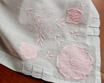 Vintage Hankie Handkerchief Madeira Linen Handmade Embroidery White Pink Flowers Wedding