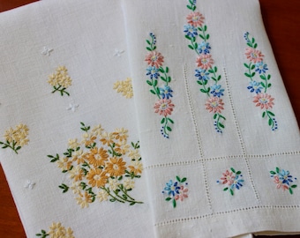 Vintage Linen Towels Two Natural Pink Blue Green Yellow Hand Embroidery Lazy Daisy Pair Drawn Thread