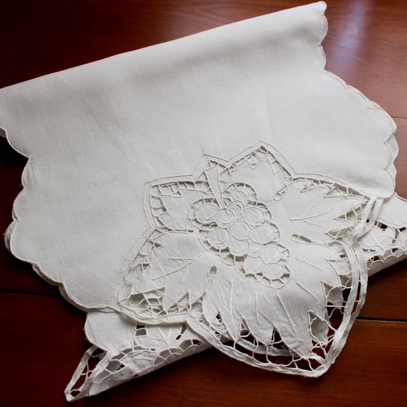 Vintage Linen Runner Cotton Dresser Scarf White Grape Leaf Cutwork Embroidery 61 Very Long image 9