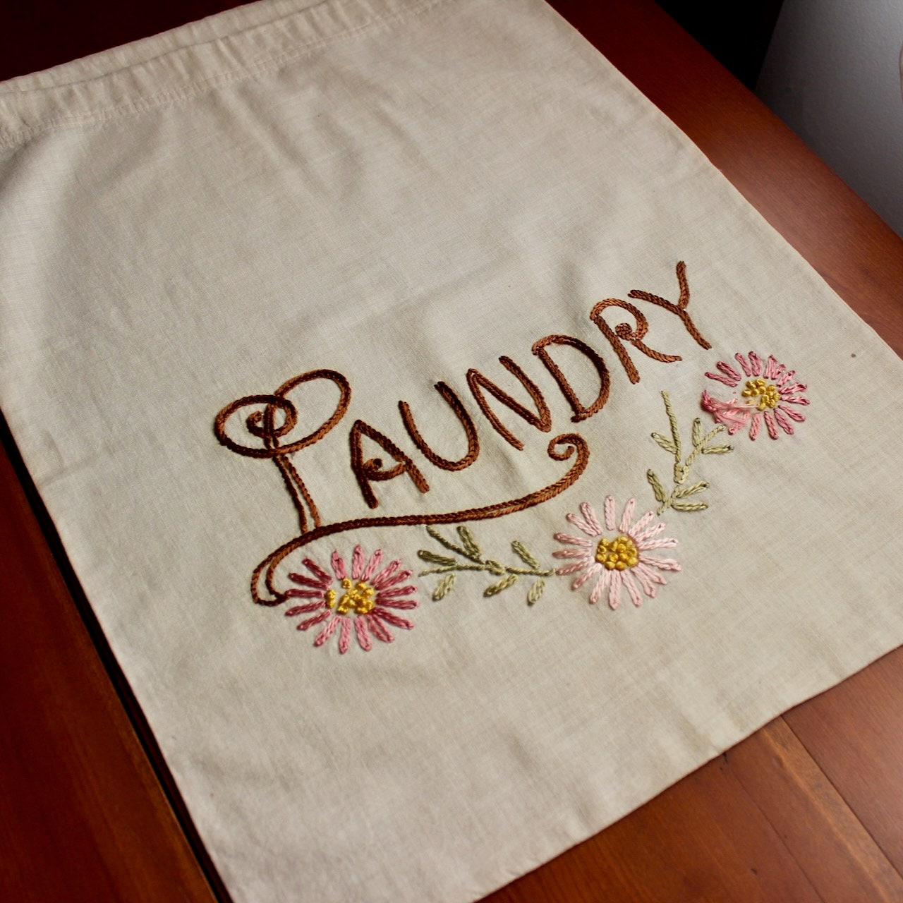 Vintage Linen Laundry Bag Embroidered Brown Pink Green Muslin…