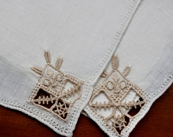 vintage Serviettes de table en lin Cocktail blanc cassé écru 6 Dentelle Reticella brodée fantaisie faite main