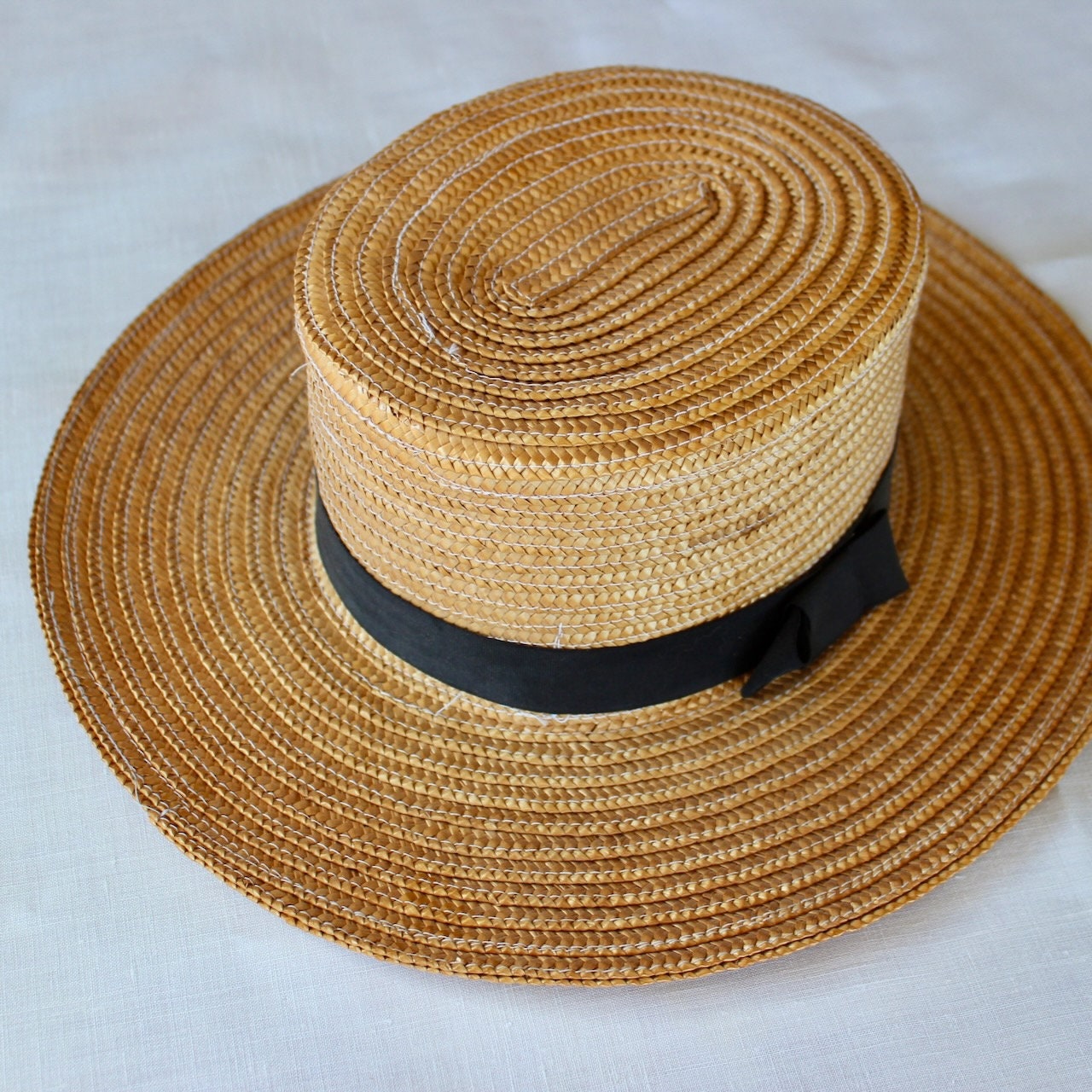 VTG Georgi 50s Women Hat Natural Straw Hat Netting Feather Grosgrain  Hatband 21