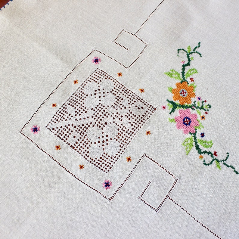 Vintage Linen Tablecloth Topper Embroidered Cross Stitch Pink Orange Green Hand Embroidery Mosaic Lace Drawn Thread Fancy Spring image 2