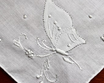 Vintage Hankie Handkerchief Madeira Butterfly Linen Cotton Handmade Embroidery White Wedding