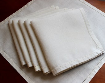 Vintage Linen Napkins 6 Off White Set Simple Heavy Six Everyday Rustic Drawn Thread Hemstitching