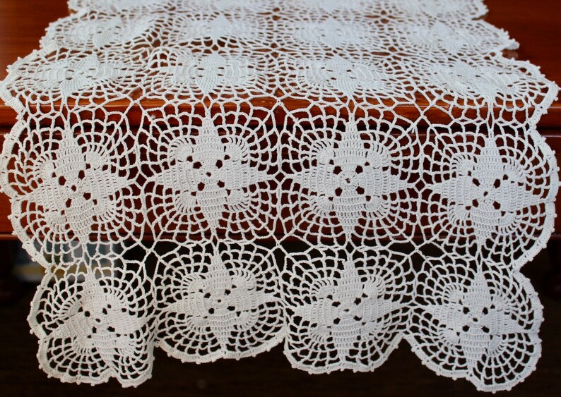 Vintage Lace Runner Crochet Hand Linen Cotton Off White Dresser Scarf Star Pattern 50 inches image 7