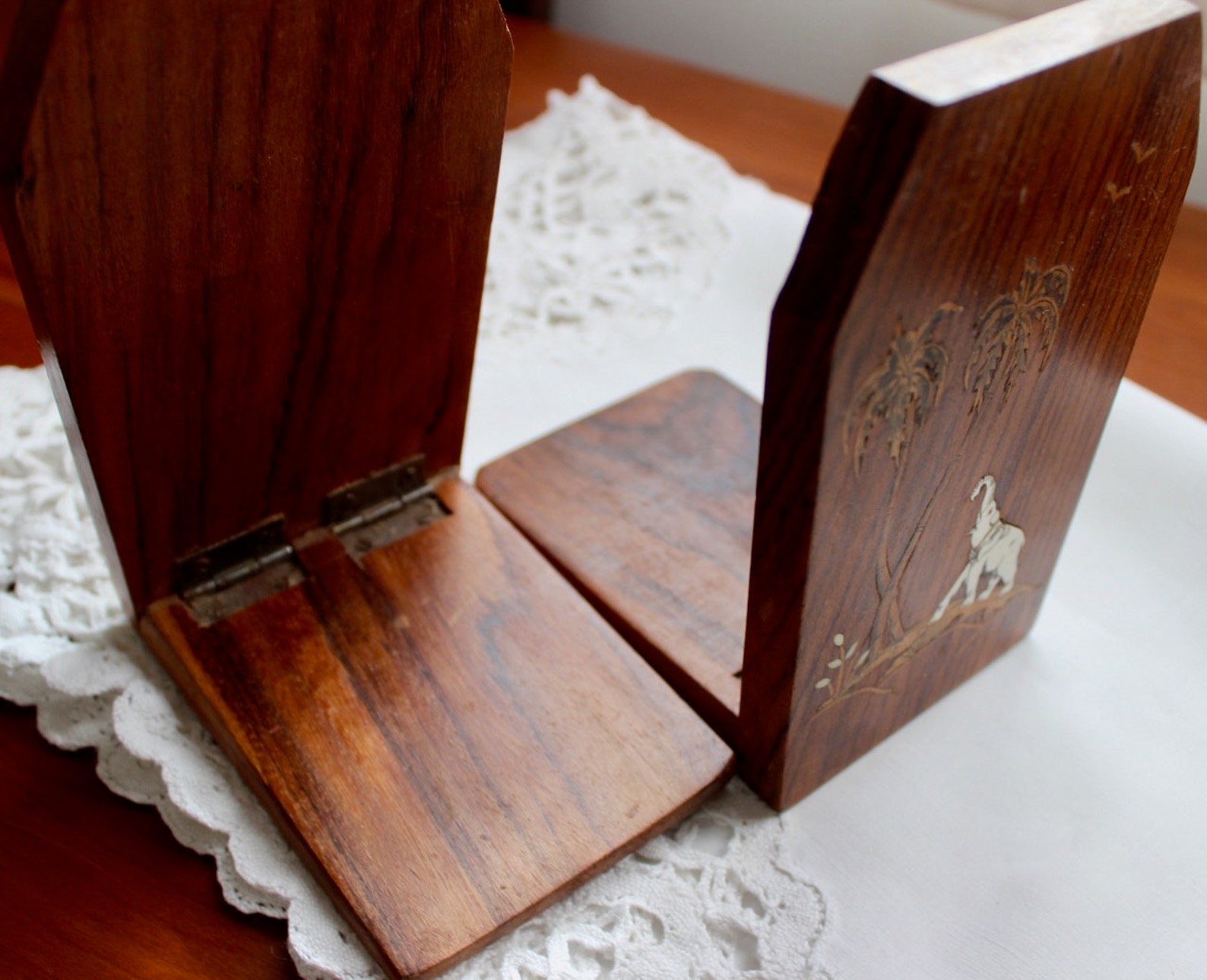 Antique Bookends Book Ends Wood Inlaid Elephant Palm Tree Etsy