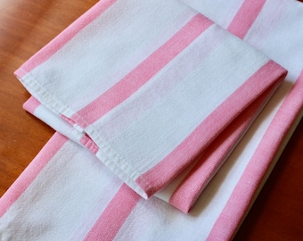 Paire de serviettes en lin vintage rose à rayures blanches Cannon plat de cuisine en coton deux étiquettes