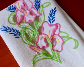 Vintage Linen Towel Off White Natural Green Pink Blue Iris Flower Guest Fingertip Tea Runner Cutwork Hand Embroidery