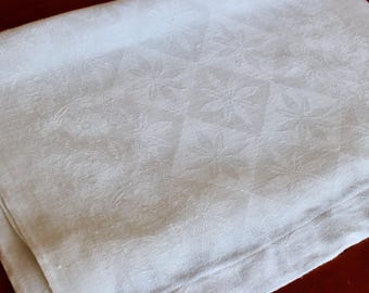 Chemin de table vintage en lin damassé, nappe à motif de feuilles blanches, 127 cm (50 pouces).
