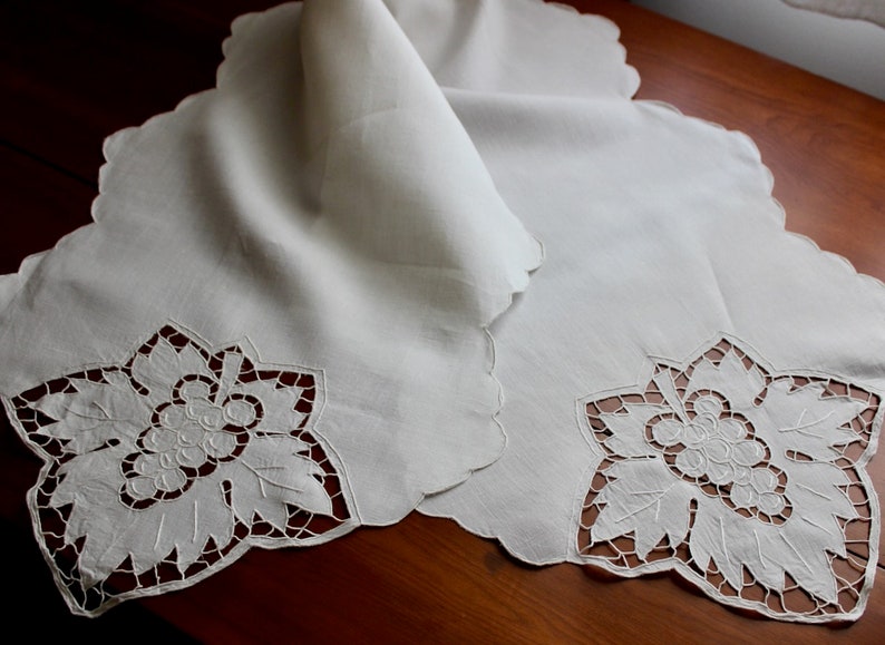 Vintage Linen Runner Cotton Dresser Scarf White Grape Leaf Cutwork Embroidery 61 Very Long image 4