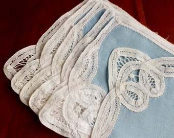 Cocktail Napkins Vintage Linen 6 Battenburg Lace Blue White Cloth Battenberg Rectangle