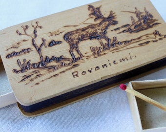 Vintage Souvenir Rovaniemi Wooden Match Box Pyrography Lapland Finland Reindeer Elk