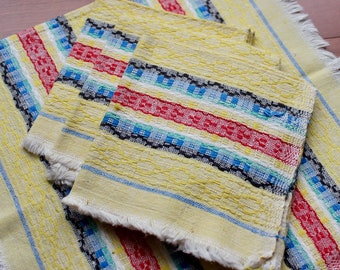 Vintage Napkins Linen Cocktail Lunch Yellow Blue Red Black Four 4 Woven Cloth Chunky Handwoven