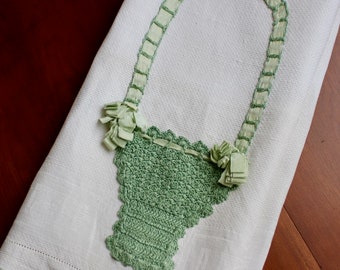 Vintage Linen Towel Kitchen Dish Sage Green Crochet Basket Appliqué Pocket Ribbon White Damask