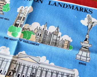 Vintage Linen Dishtowel London Landmarks Souvenir Printed Bright Blue Red Map Unused Cotton