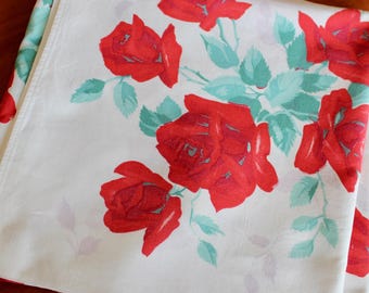 Nappe carrée vintage en lin à motifs de roses rouges, blanches et vertes, 132 cm (52 pouces), Wilendur