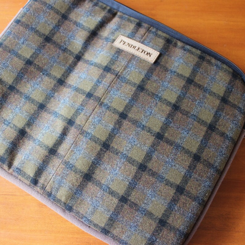 Vintage Pendleton Laptop Folio Case Folder Notebook Briefcase Wool Plaid Brown Gray Zipper image 2