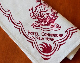 Vintage Linen Hotel Napkin Commodore New York City History Nautical Burgundy White