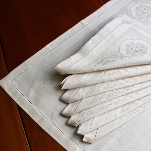 Vintage Linen Napkins Damask Unused White Cloth 8 Dinner Lunch Size Roses Large Off White Ivory image 1