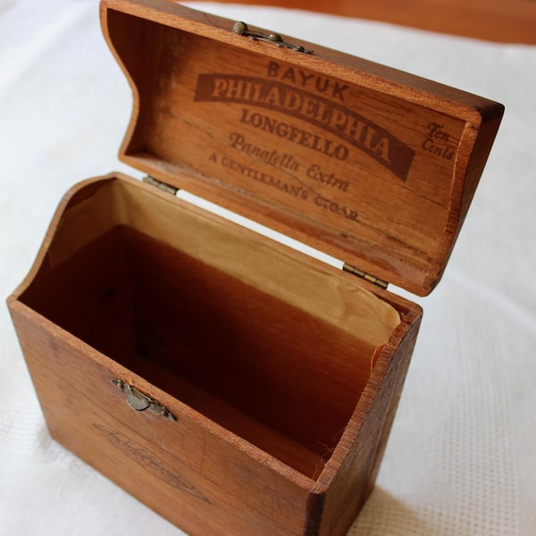 Vintage madera con bisagras caja Cigar Bay Philadelphia Longfellow metal cierre Tobacciana