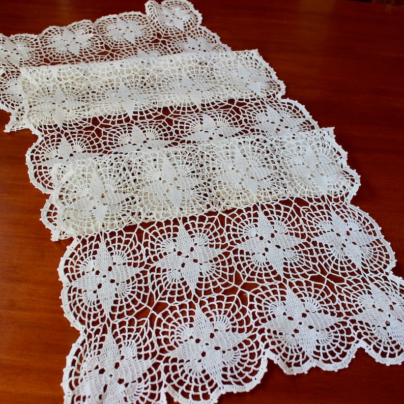 Vintage Lace Runner Crochet Hand Linen Cotton Off White Dresser Scarf Star Pattern 50 inches image 2