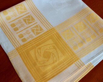 Serviettes de table en lin Gimbels vintage, damassé or blanc, magnifique design art déco, pièce unique