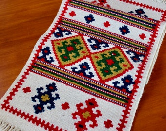 Vintage Handwoven Table Runner Ethnic Bold Wool Bright Red Black Beige Green Brown Fringe Rug 40 Inch