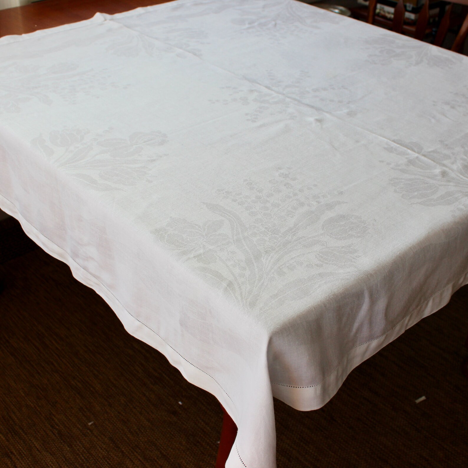 Vintage Linen Tablecloth Damask 50 Square White Hemstitched Etsy