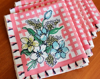 Vintage Linen Napkins Six Pink Green Blue Yellow White Flowers Luncheon Picnic Printed Sturdy Mid Century