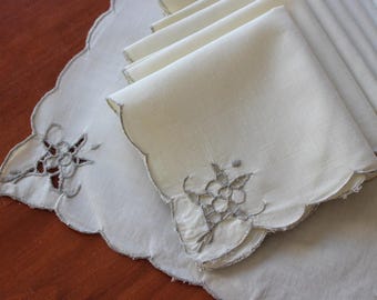 vintage Serviettes de table en lin Broderie à la main 8 Déjeuner Cocktail Déjeuner Blanc cassé Ivoire Taupe Fantaisie