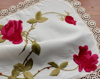 Vintage Linen Doily Embroidery Bright Flowers Red Roses Green Magenta Centerpiece Table Topper Lace AS IS