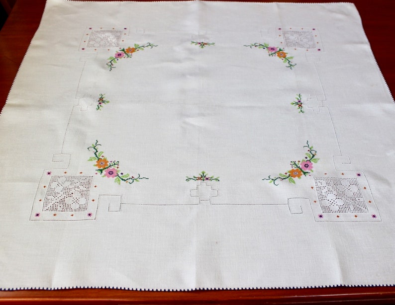 Vintage Linen Tablecloth Topper Embroidered Cross Stitch Pink Orange Green Hand Embroidery Mosaic Lace Drawn Thread Fancy Spring image 9