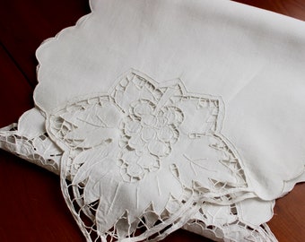 Vintage Linen Runner Cotton Dresser Scarf White Grape Leaf Cutwork Embroidery 61 Very Long