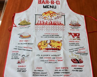 Vintage Barbecue Bib Apron Novelty 1950s Printed Red Yellow Black Cotton Funny Kitsch Novelty
