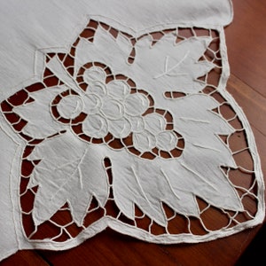 Vintage Linen Runner Cotton Dresser Scarf White Grape Leaf Cutwork Embroidery 61 Very Long image 3