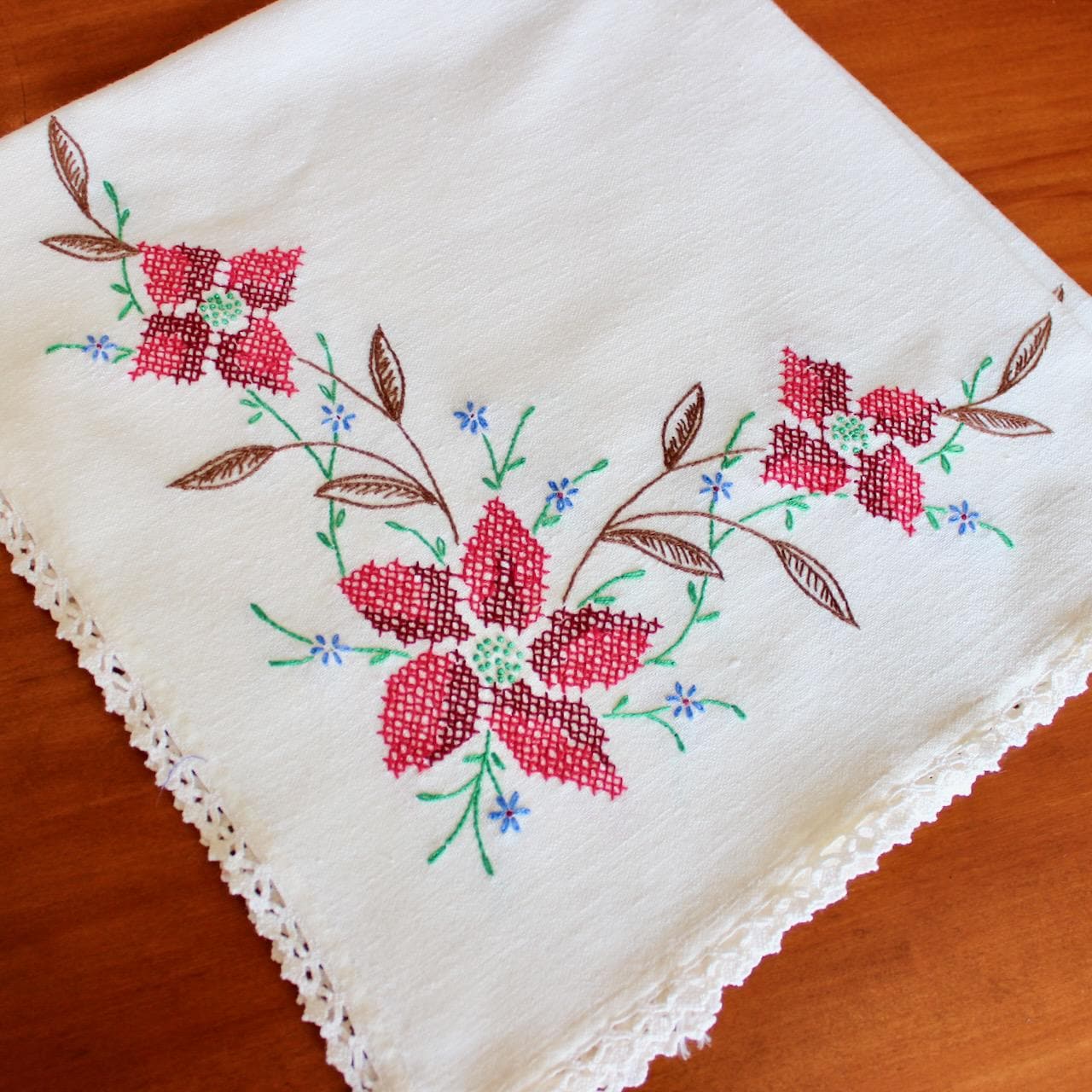 Vintage Linen Tablecloth Embroidered Floral Cross Stitch Red Green