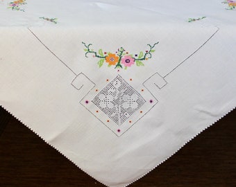 Vintage Linen Tablecloth Topper Embroidered Cross Stitch Pink Orange Green Hand Embroidery Mosaic Lace Drawn Thread Fancy Spring