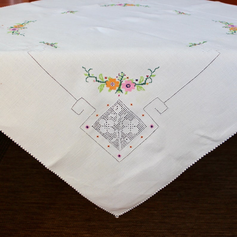 Vintage Linen Tablecloth Topper Embroidered Cross Stitch Pink Orange Green Hand Embroidery Mosaic Lace Drawn Thread Fancy Spring image 1