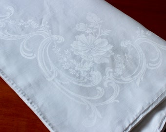 Vintage Linen Tablecloth Damask Table Cloth White Square 82 Swirls Spirals Flowers Monogram