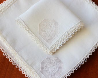 Vintage Linen Cocktail Napkins Roosters Square 10 Embroidery Drawn Thread White Elegant Crochet