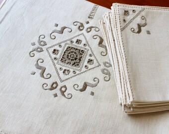 Vintage Linen Tablecloth Napkins Off White Cutwork Brown Taupe Embroidery Set Large 12 Twelve Napkins Natural Unbleached 94 60 Unused